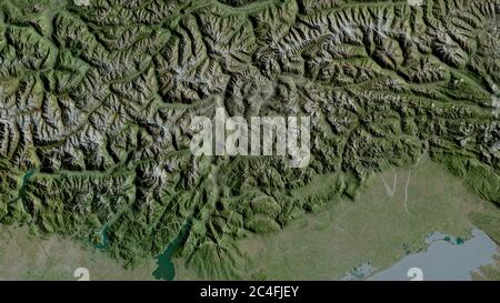 Trentino-Alto Adige, regione autonoma d'Italia. Immagini satellitari. Forma delineata rispetto alla sua area di paese. Rendering 3D Foto Stock