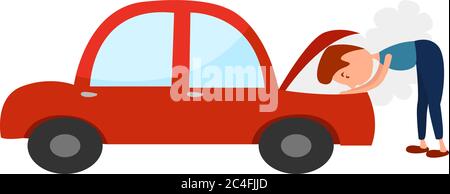 Uomo riparazione auto, illustrazione, vettore su sfondo bianco Illustrazione Vettoriale