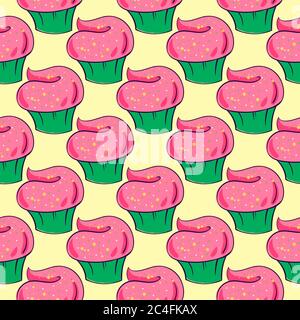 Disegno di cupcakes, motivo senza cuciture su sfondo giallo. Illustrazione Vettoriale