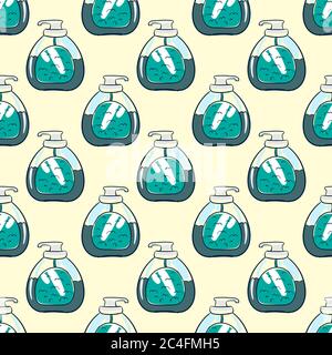 Modello di flacone di sapone, motivo senza cuciture su sfondo chiaro. Illustrazione Vettoriale