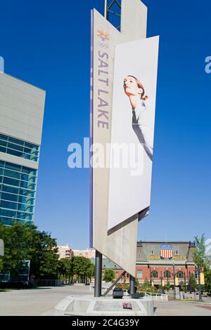 Banner olimpico invernale e Union Station, Salt Lake City, Utah, USA, Nord America Foto Stock