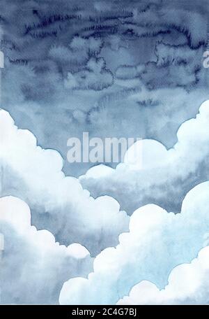 cielo notturno blu scuro con molte nuvole sfondo. acquerello pittura a mano illustrazione. Foto Stock