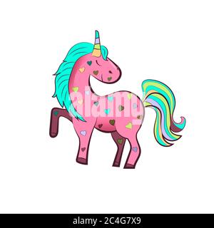 Cartoon unicorno rosa con cuori colorati, isolato su sfondo bianco. Illustrazione. Foto Stock