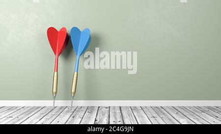 Freccette rosse e blu sul pavimento in legno contro il muro Foto Stock