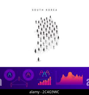 Mappa delle icone della popolazione sudcoreana. Silhouette dettagliata. Folla mista di uomini e donne. Infografiche della popolazione. Illustrazione isolata. Foto Stock