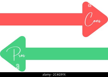 Frecce verdi e rosse con i pro e contro del testo. Concetto semplice per il confronto tra vantaggi e svantaggi in un piano di affari o di confronto. Foto Stock