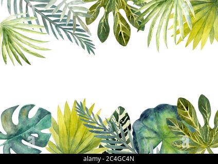 Cornice acquerello di foglie tropicali colorate. Per inviti, biglietti di auguri e sfondi. Foto Stock