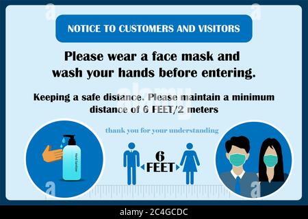 Indossare il simbolo e il simbolo della maschera facciale. Non entrare senza una maschera facciale. Proteggersi da Coronavirus. Avviso COVID-19. Cartello di avvertenza per proteggere f Foto Stock