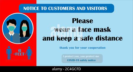 Indossare il simbolo e il simbolo della maschera facciale. Non entrare senza una maschera facciale. Proteggersi da Coronavirus. Avviso COVID-19. Cartello di avvertenza per proteggere f Foto Stock
