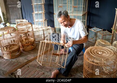 CANH Hoach villaggio, Phuong Trung comune, Thanh OAI distretto (Hanoi), Vietnam - 26 maggio 2020: Immagine di un artigiano sta facendo gabbie di uccelli. Il professi Foto Stock