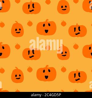 Silhouette con zucche con simpatico motivo Halloween faccine senza cuciture. Arancio squash forme ed emozioni diverse, design sfondo illimitato. Ornamento per avvolgimento di carta, tessuto, stampa. Illustrazione vettoriale Illustrazione Vettoriale