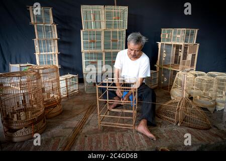 CANH Hoach villaggio, Phuong Trung comune, Thanh OAI distretto (Hanoi), Vietnam - 26 maggio 2020: Immagine di un artigiano sta facendo gabbie di uccelli. Il professi Foto Stock