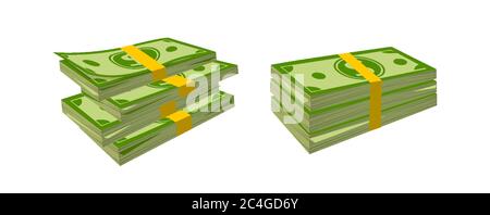 Cartoni animati piatti banconote grandi di soldi di imballaggio. Cumuli di denaro, banconote in bundle. Dollaro verde in vari pacchetti, pacchetto di segni di valuta. Centinaia di dollari, bollette di carta verde. Illustrazione vettoriale isolata Illustrazione Vettoriale