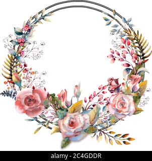 Rosa fiore, foglie verdi, rosso . Concetto di matrimonio con fiori. Poster floreale, invito. Disposizione ad acquerello per biglietti di auguri o inviti Illustrazione Vettoriale