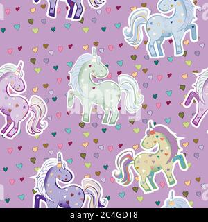 Unicorni in colori pastello sullo sfondo dei cuori. Illustrazione vettoriale. Modello senza cuciture per San Valentino. Illustrazione Vettoriale