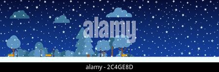 Strada del parco invernale con alberi innevati, cespuglio, nuvole, lanterna carta cartoni animati piano. Buon Natale e buon anno di festa panoramica banner orizzontale. Paesaggio suburbano. Illustrazione decorativa vettoriale Illustrazione Vettoriale