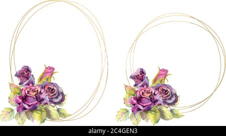 2 cornice geometrica oro con fiori di rose di colore scuro. Composizioni per biglietti di auguri o inviti. Illustrazione vettoriale Illustrazione Vettoriale