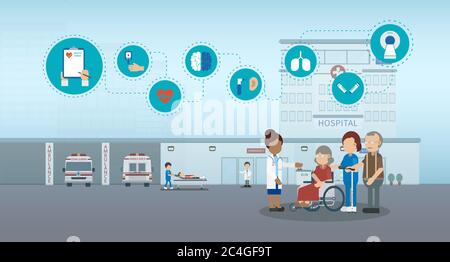 Concetto di cura degli anziani con personale medico curarsi dell'illustrazione vettoriale dei pazienti anziani Illustrazione Vettoriale