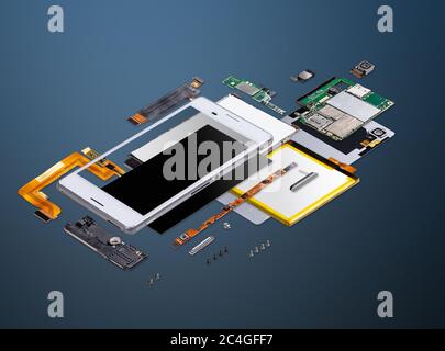 Esplodere la vista dello smartphone moderno su sfondo blu Foto Stock