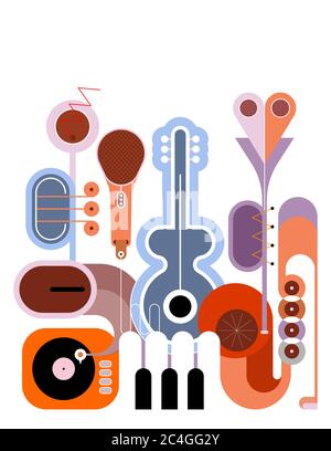 Design piatto colorato isolato su sfondo bianco illustrazione vettoriale di Music Instruments. Composizione artistica di chitarra, sassofono, tastiera a piano, Illustrazione Vettoriale