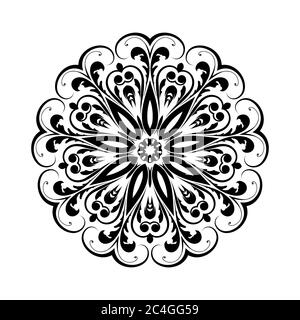 Mandala rotonda nera su sfondo bianco isolato. Ornamento decorativo in stile etnico orientale. Perfetto per qualsiasi design, compleanno, vacanza, kaleidoscop Illustrazione Vettoriale