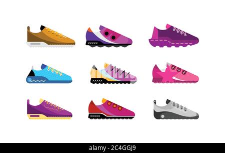 Collezione di scarpe sportive moderne. Insieme di icone vettoriali multicolore isolate su sfondo bianco. Illustrazione Vettoriale