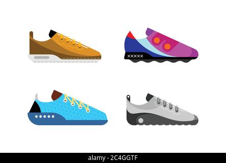 Collezione di scarpe sportive moderne. Insieme di icone vettoriali multicolore isolate su sfondo bianco. Illustrazione Vettoriale