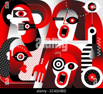 Colori rosso e nero isolati su uno sfondo bianco quattro persone hanno un'illustrazione del vettore di conversazione tesa. Illustrazione Vettoriale