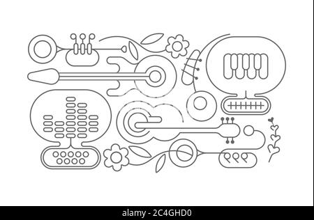 Colori al neon isolati su sfondo nero Musica e fiori illustrazione vettoriale. Illustrazione Vettoriale