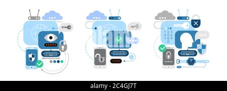 Immagini blu e grigie isolate su sfondo bianco design di banner vettoriali per Cyber Security e dispositivi elettronici. Set di tre vettori DI sicurezza IT piatti Illustrazione Vettoriale