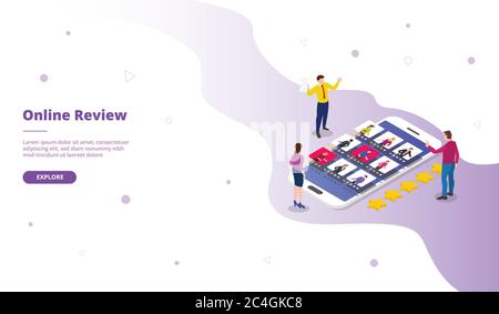 Campagna di revisione del telefono mobile per il Web site modello pagina che atterra home homepage con disegno vettoriale isometrico piatto Foto Stock
