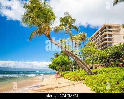 Kaanapali Beach, Maui, Hawaii, tre miglia di sabbia bianca e acqua cristallina Foto Stock