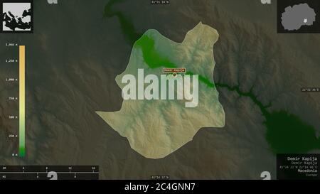 Demir Kapija, comune di Macedonia. Dati di shader colorati con laghi e fiumi. Forma presentata contro la sua area di paese con overlay informativi Foto Stock