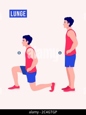 Uomini che fanno esercizio di Lunge, uomini allenano fitness, aerobica ed esercizi. Illustrazione vettoriale. Illustrazione Vettoriale