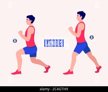 Uomini che fanno esercizio di Lunges, uomini allenano fitness, aerobica ed esercizi. Illustrazione vettoriale. Illustrazione Vettoriale