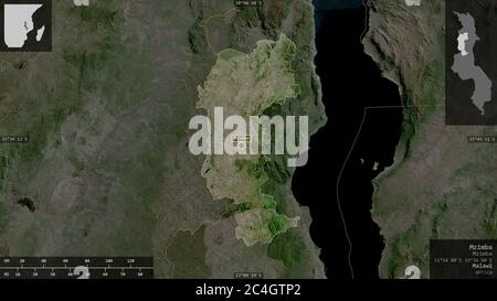 Mzimba, distretto di Malawi. Immagini satellitari. Forma presentata contro la sua area di paese con overlay informativi. Rendering 3D Foto Stock