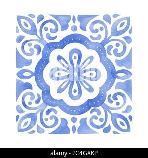 Ornamento blu acquerello in stile etnico. Composizione floreale brillante. Design delle piastrelle. Foto Stock