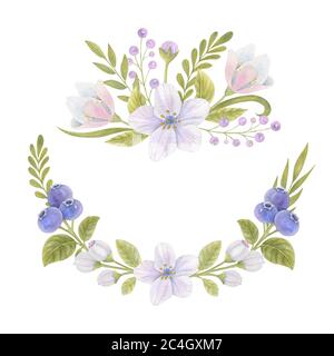 Set di composizioni floreali acquerello con mirtilli, fiori e foglie su sfondo chiaro. Immagine acquerello brillante. Foto Stock