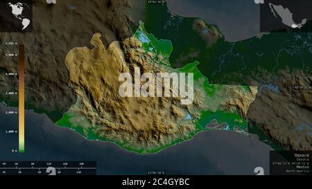 Oaxaca, stato del Messico. Dati di shader colorati con laghi e fiumi. Forma presentata contro la sua area di paese con overlay informativi. Rendering 3D Foto Stock