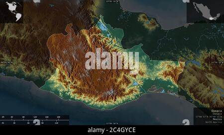 Oaxaca, stato del Messico. Rilievo colorato con laghi e fiumi. Forma presentata contro la sua area di paese con overlay informativi. Rendering 3D Foto Stock