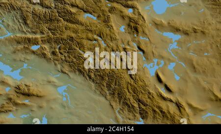 Bayan-Ölgiy, provincia della Mongolia. Dati di shader colorati con laghi e fiumi. Forma delineata rispetto alla sua area di paese. Rendering 3D Foto Stock