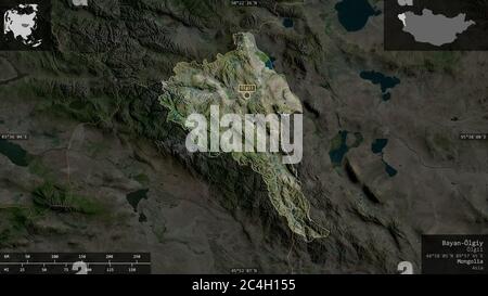 Bayan-Ölgiy, provincia della Mongolia. Immagini satellitari. Forma presentata contro la sua area di paese con overlay informativi. Rendering 3D Foto Stock