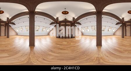 Loft vuoto panorama interno con travi, muratura in mattoni, pavimento in legno. Ampia risoluzione. Illustrazione del rendering 3D Foto Stock