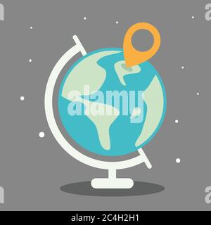 Globo con l'icona dei perni della mappa dall'astronomia. Terra planare a design piatto per design o sfondo dell'elemento. Illustrazione vettoriale EPS.8 EPS.10 Illustrazione Vettoriale