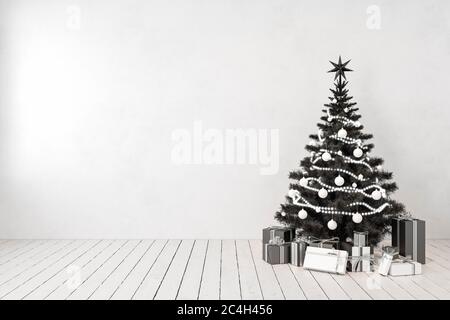 Albero di natale nero in camera, muro bianco vuoto, regali. mockup dell'illustrazione di rendering 3d. Foto Stock