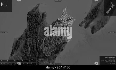 Marlborough, autorità unitaria della Nuova Zelanda. Mappa in scala di grigi con laghi e fiumi. Forma presentata contro la sua area del paese con overlay informativo Foto Stock