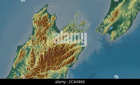 Marlborough, autorità unitaria della Nuova Zelanda. Rilievo colorato con laghi e fiumi. Forma delineata rispetto alla sua area di paese. Rendering 3D Foto Stock