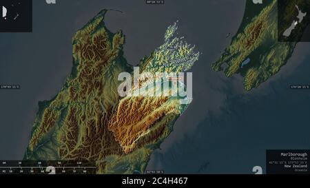 Marlborough, autorità unitaria della Nuova Zelanda. Rilievo colorato con laghi e fiumi. Forma presentata contro la sua area del paese con overlay informativo Foto Stock