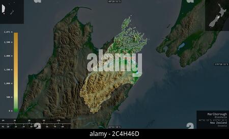 Marlborough, autorità unitaria della Nuova Zelanda. Dati di shader colorati con laghi e fiumi. Forma presentata contro la sua area di paese con informazioni ov Foto Stock