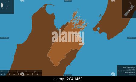 Marlborough, autorità unitaria della Nuova Zelanda. Solidi modellati con laghi e fiumi. Forma presentata contro la sua area di paese con overl informativo Foto Stock